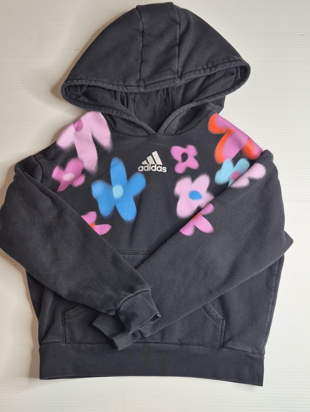 adidas Black Hoodie with Multicolor Floral Spray Print Kids Size 7/8